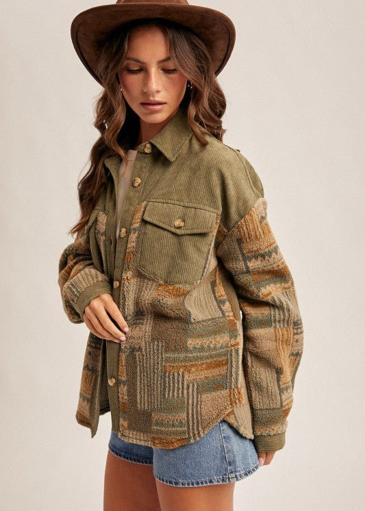 Olive Fleece & Corduroy Shacket - The Nines