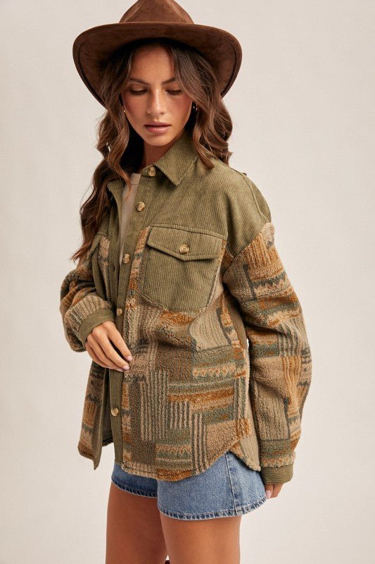 Olive Fleece & Corduroy Shacket - The Nines