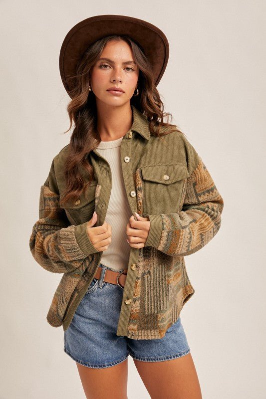 Olive Fleece & Corduroy Shacket - The Nines