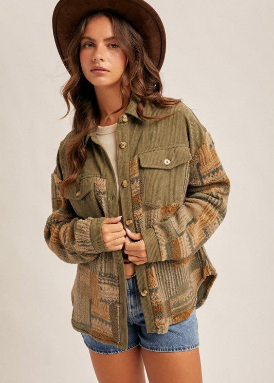 Olive Fleece & Corduroy Shacket - The Nines