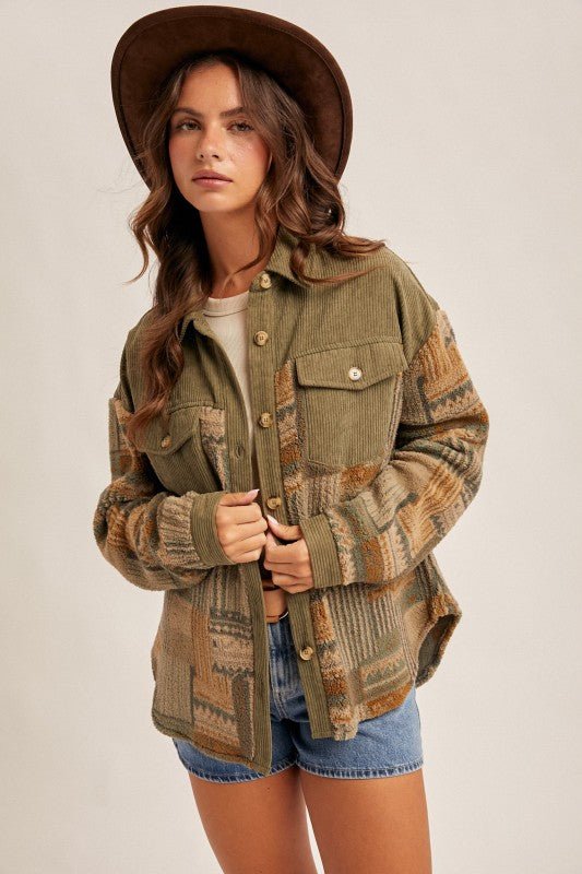 Olive Fleece & Corduroy Shacket - The Nines