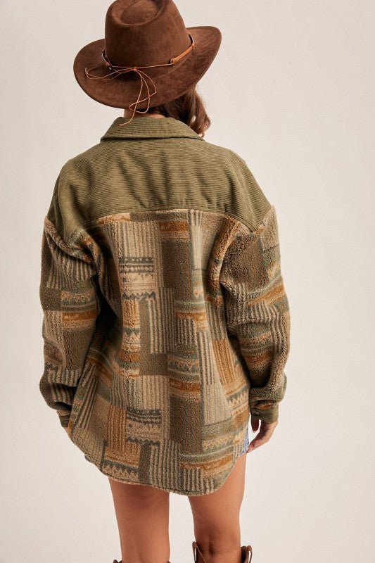 Olive Fleece & Corduroy Shacket - The Nines