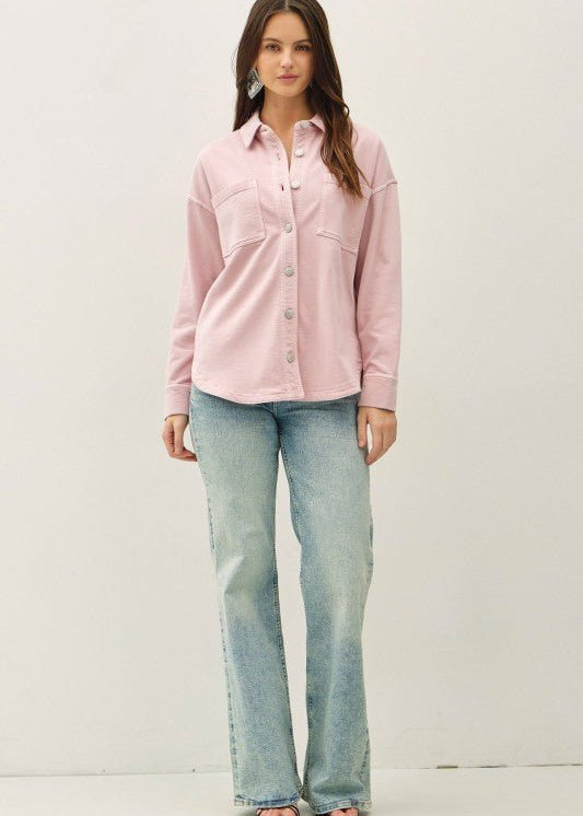 Soft Washed Denim Shacket - Dusty Pink