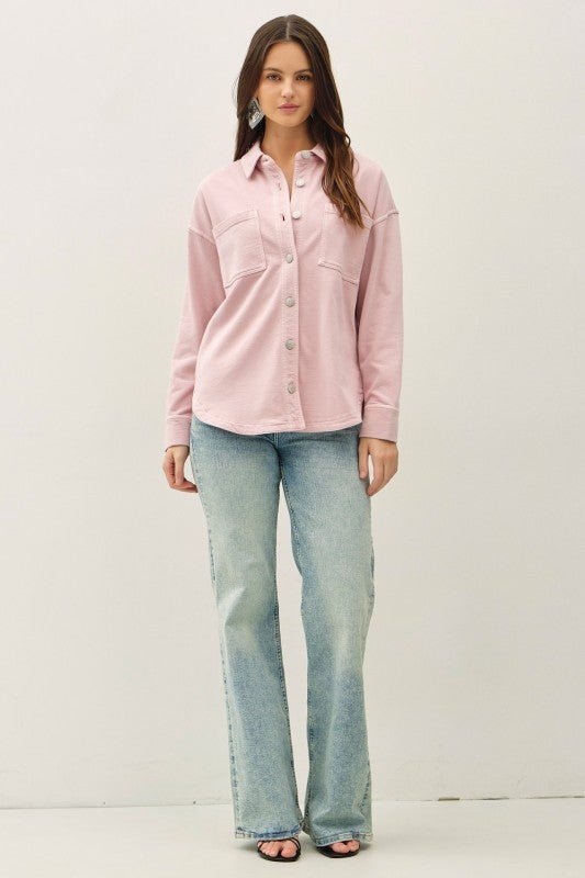 Soft Washed Denim Shacket - Dusty Pink