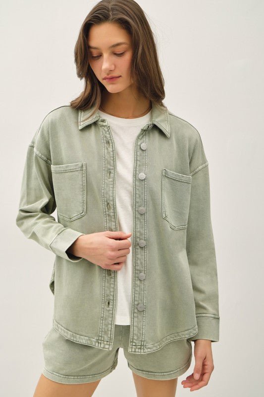 Soft Washed Denim Shacket - Sage