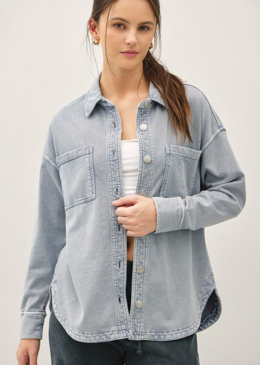 Soft Washed Denim Shacket - Dusty Blue