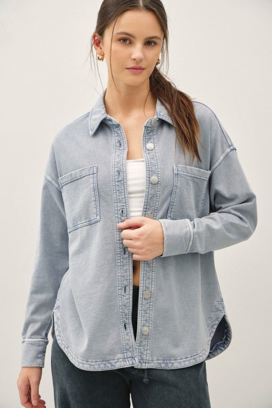Soft Washed Denim Shacket - Dusty Blue