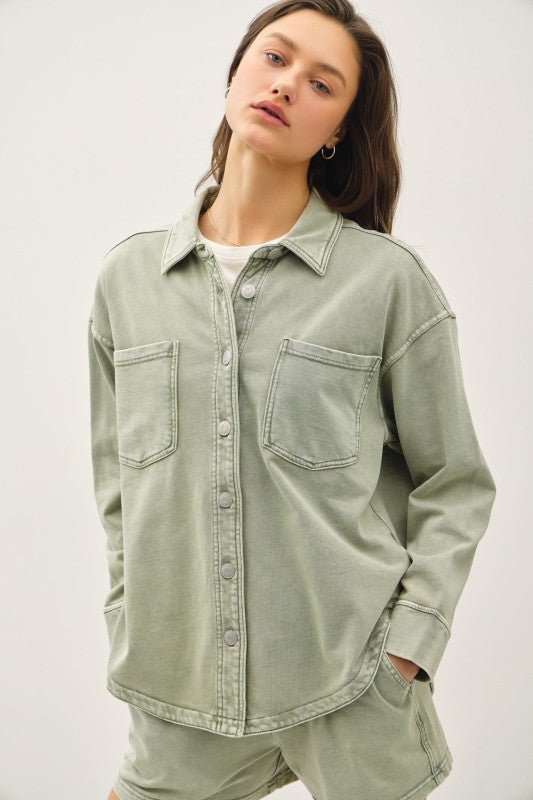 Soft Washed Denim Shacket - Sage