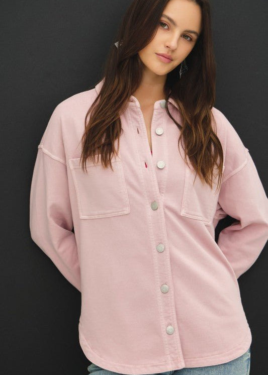 Soft Washed Denim Shacket - Dusty Pink