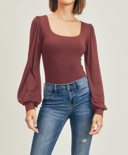 Red Brown Balloon Sleeve Top - The Nines