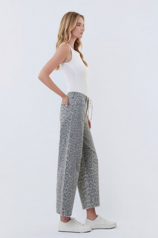 Vervet Gray Leopard Drawstring Barrel Jeans - The Nines
