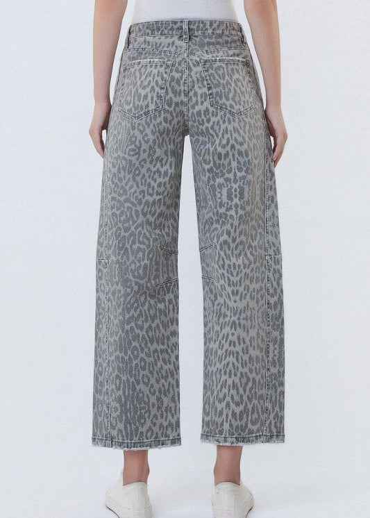 Vervet Gray Leopard Drawstring Barrel Jeans - The Nines