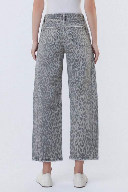 Vervet Gray Leopard Drawstring Barrel Jeans - The Nines