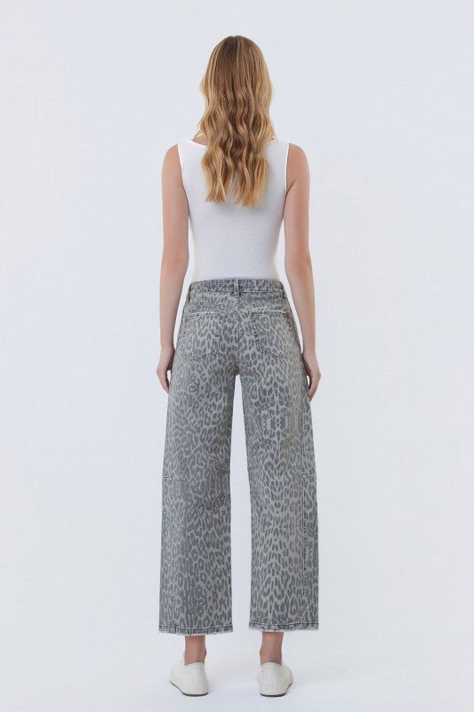 Vervet Gray Leopard Drawstring Barrel Jeans - The Nines