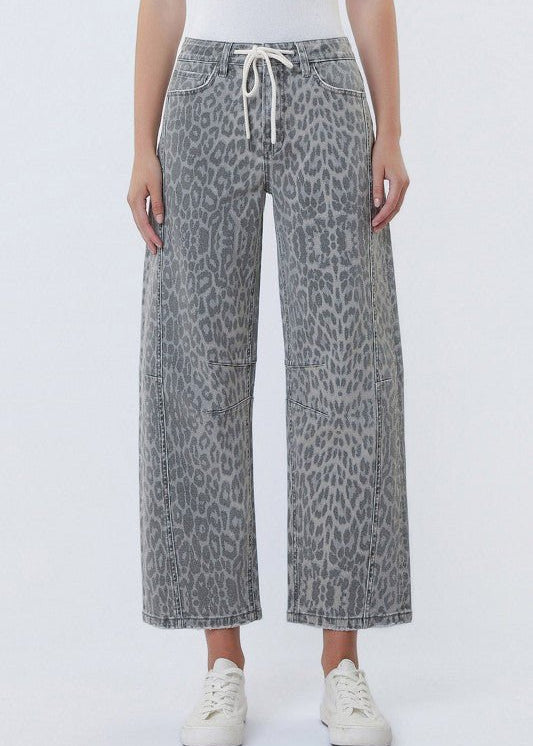 Vervet Gray Leopard Drawstring Barrel Jeans - The Nines