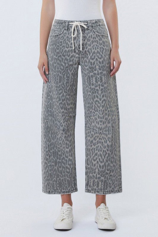 Vervet Gray Leopard Drawstring Barrel Jeans - The Nines