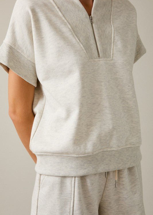 Melange Light Heather Gray V - neck Zip Up Top - The Nines