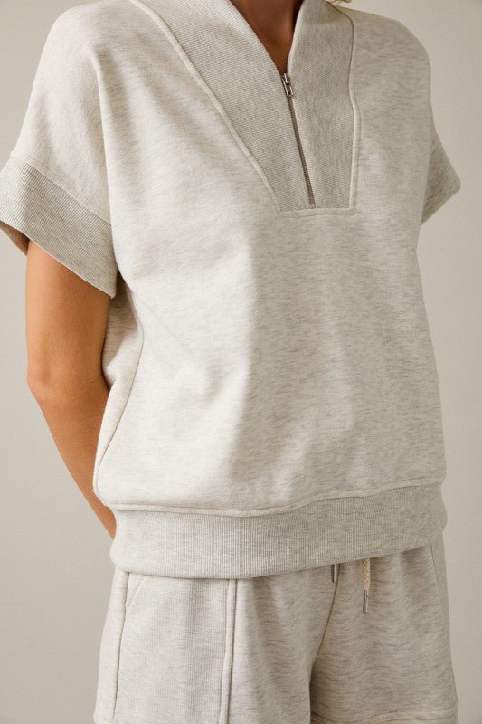 Melange Light Heather Gray V - neck Zip Up Top - The Nines