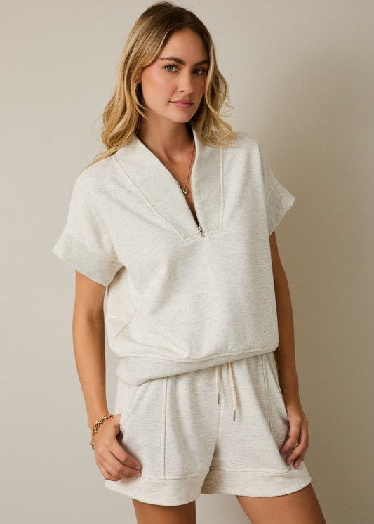 Melange Light Heather Gray V - neck Zip Up Top - The Nines