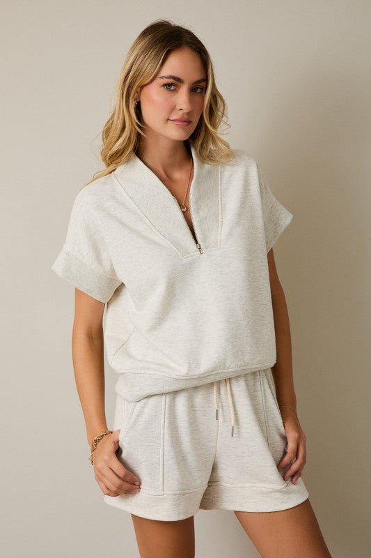 Melange Light Heather Gray V - neck Zip Up Top - The Nines