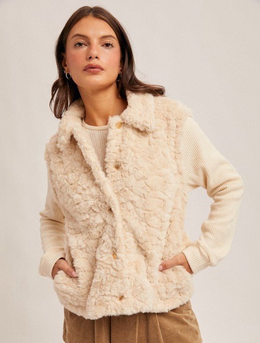 Faux Fur Knit Sleeve Ecru Jacket - The Nines