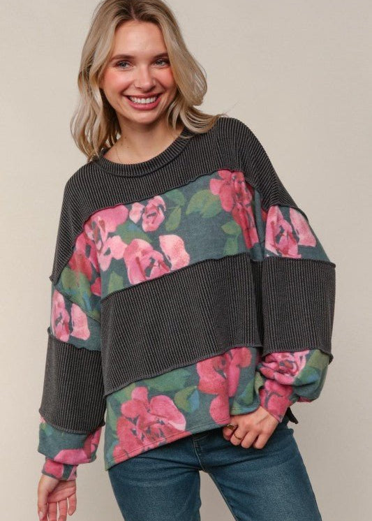 Charcoal Ribbed & Floral Long Sleeve - The Nines
