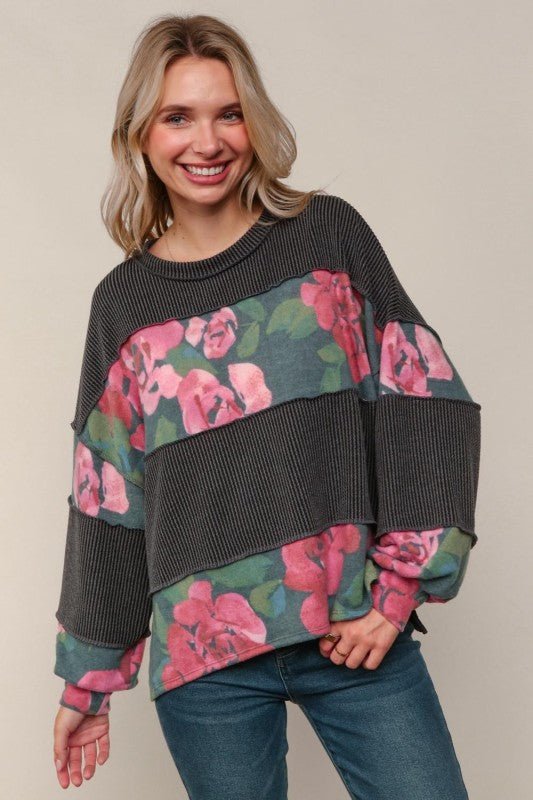 Charcoal Ribbed & Floral Long Sleeve - The Nines