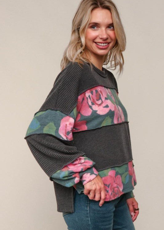 Charcoal Ribbed & Floral Long Sleeve - The Nines