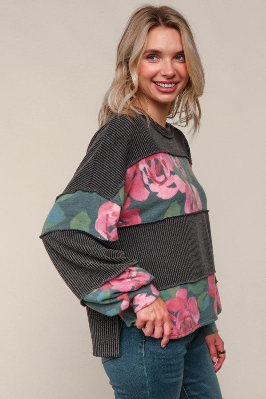Charcoal Ribbed & Floral Long Sleeve - The Nines