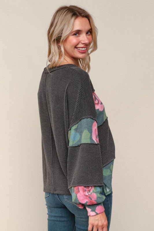 Charcoal Ribbed & Floral Long Sleeve - The Nines