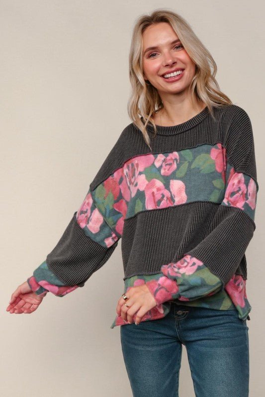 Charcoal Ribbed & Floral Long Sleeve - The Nines