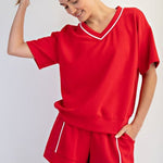 Scuba Piping V - neck Shorts Sleeve Top - 4 Colors! - The Nines
