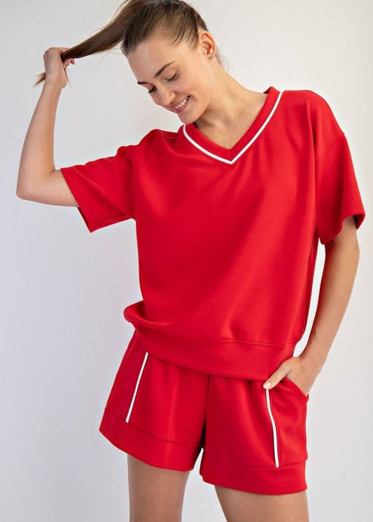 Scuba Piping V - neck Shorts Sleeve Top - 4 Colors! - The Nines