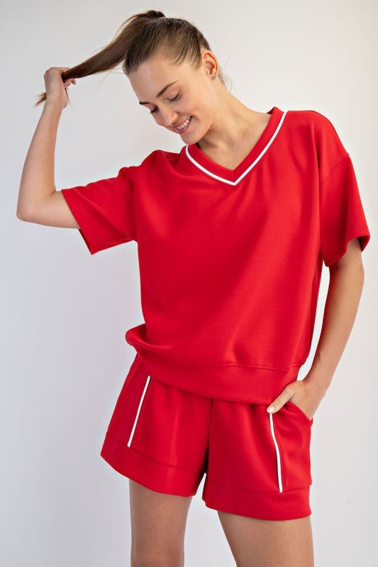 Scuba Piping V - neck Shorts Sleeve Top - 4 Colors! - The Nines