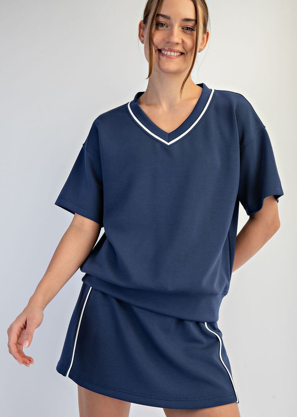 Scuba Piping V - neck Shorts Sleeve Top - 4 Colors! - The Nines