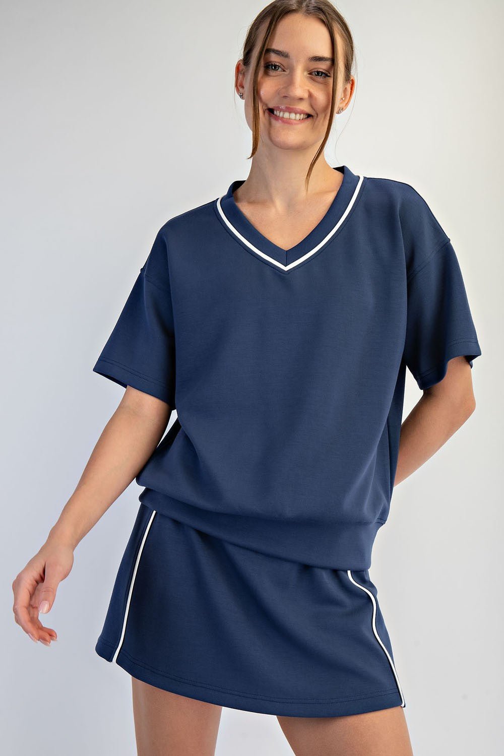 Scuba Piping V - neck Shorts Sleeve Top - 4 Colors! - The Nines