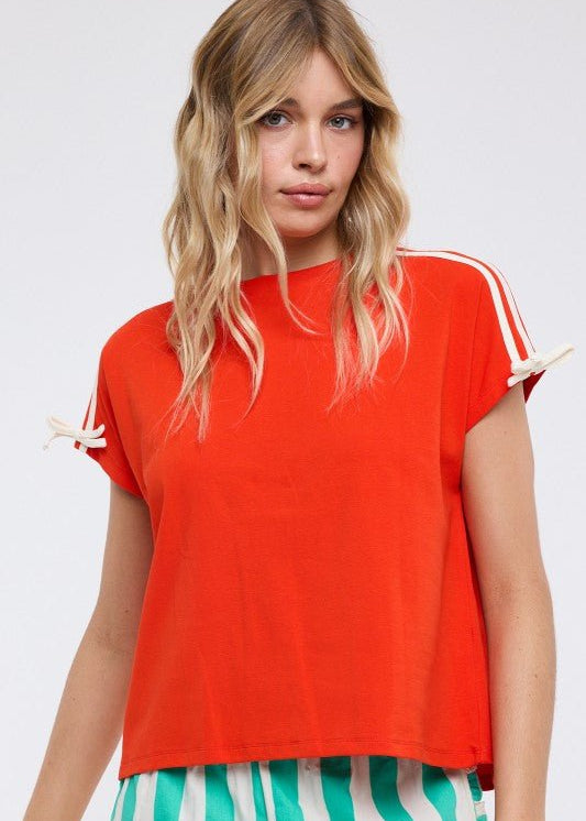 Poppy Red Bow Sleeve Tee - The Nines