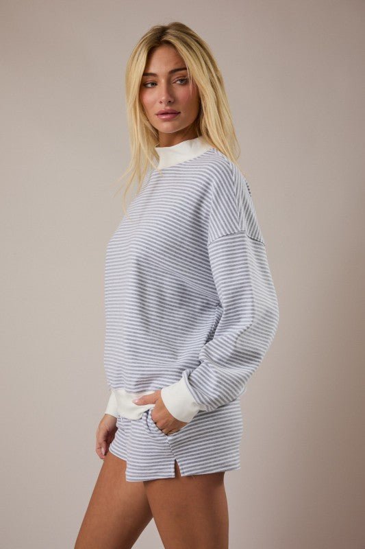 Heather Gray Mocked Striped Crew - The Nines