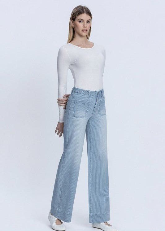Vervet Striped Patch Pocket High Rise Wide Jean - The Nines