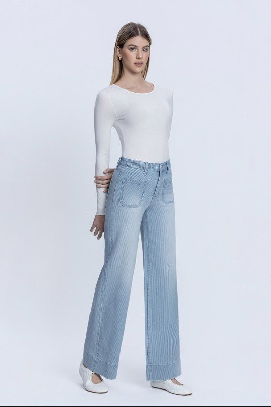Vervet Striped Patch Pocket High Rise Wide Jean - The Nines