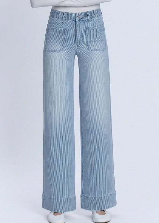 Vervet Striped Patch Pocket High Rise Wide Jean - The Nines