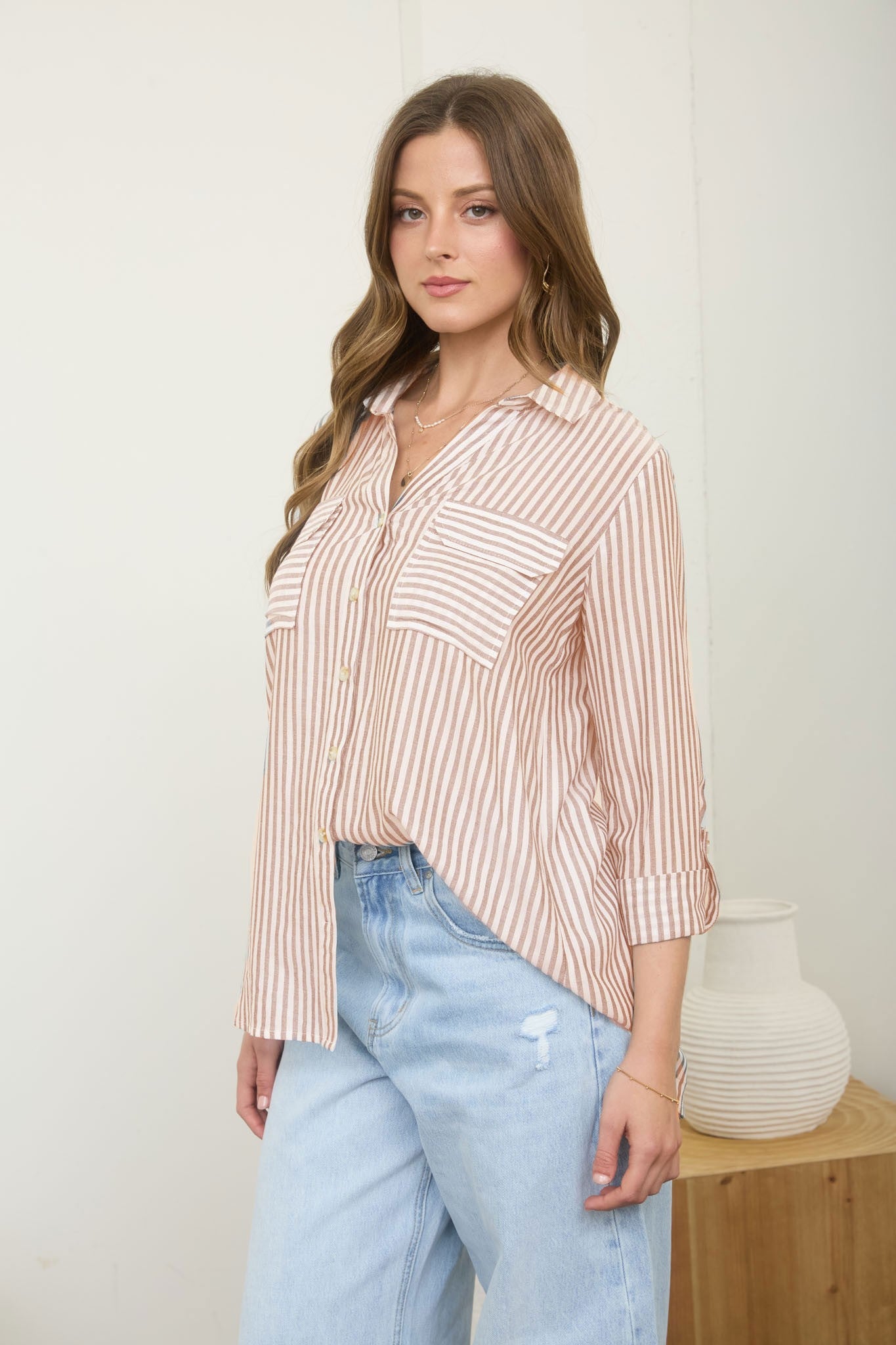 Peach Striped Button Down - The Nines
