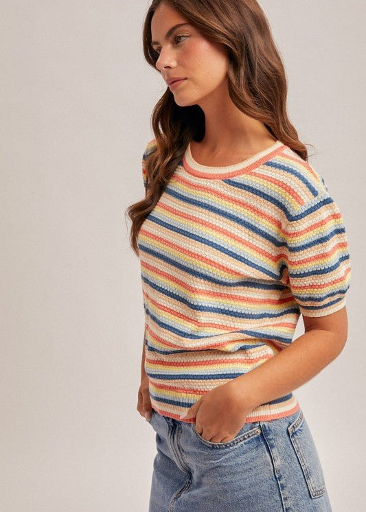 Multicolor Pointelle Short Sleeve Sweater Top - The Nines