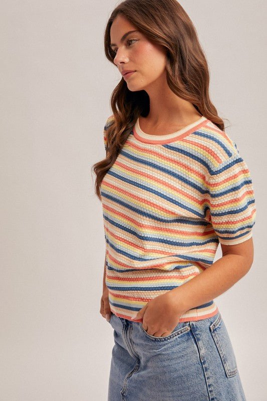 Multicolor Pointelle Short Sleeve Sweater Top - The Nines