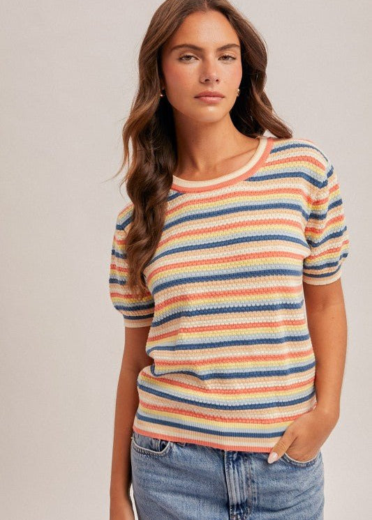 Multicolor Pointelle Short Sleeve Sweater Top - The Nines