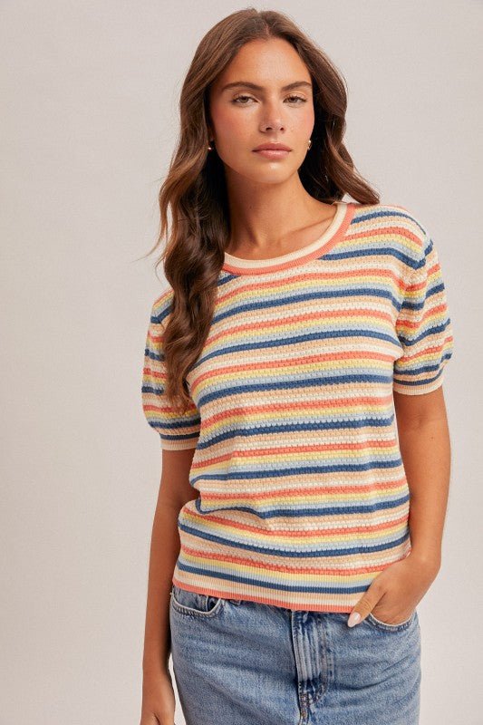 Multicolor Pointelle Short Sleeve Sweater Top - The Nines