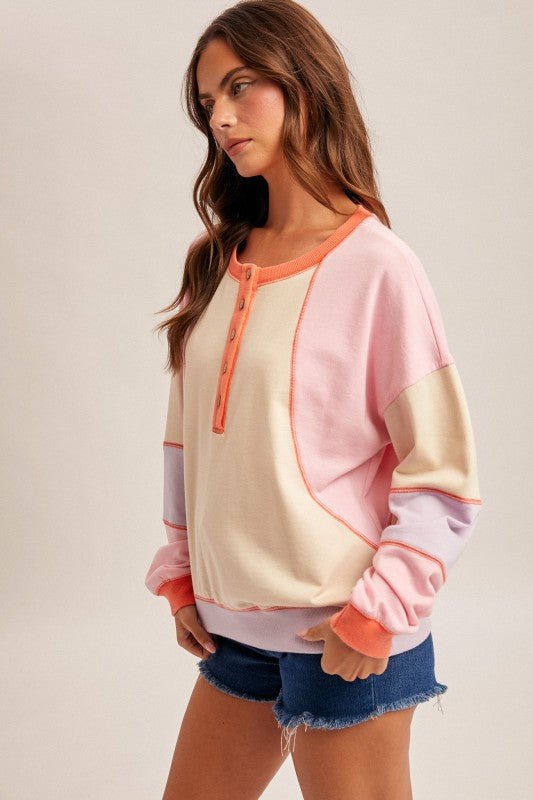 Coral & Sand Multicolor Henley Sweatshirt - The Nines