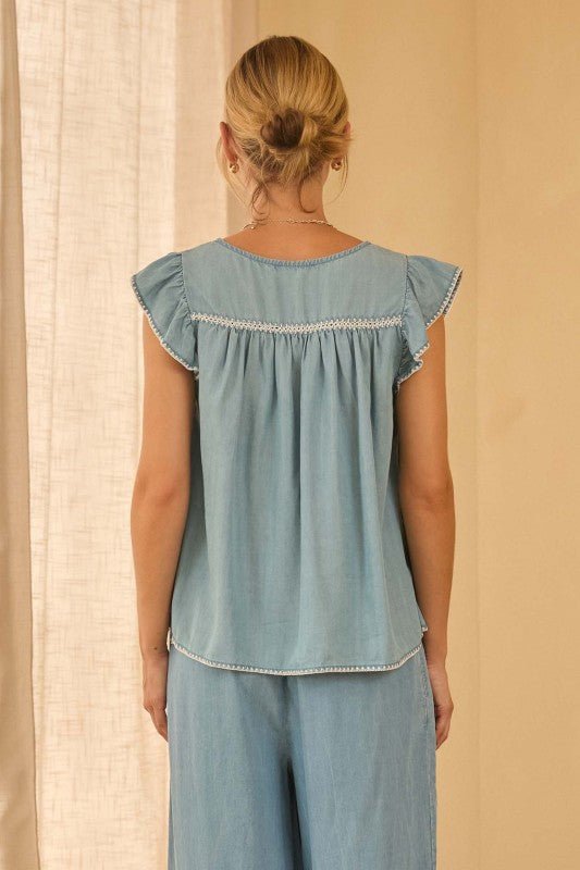 Washed Denim Embroidered Top - The Nines