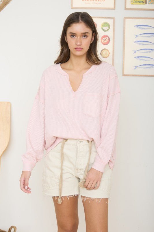 Split Neck Lightweight Ribbed Tops - 2 Colors! - The Nines