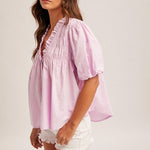 Lilac Pink Cotton Smocked Puff Sleeve Poplin Top - The Nines